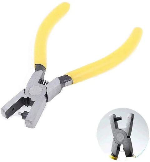 2mm Round Hole Punch Pliers For Leather Watch Straps And Multi Material Craft Projects with yellow handles, close-up view.