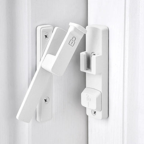 Front view of Matte White 90 Degree Barn Door Lock With Dual Locking System Zinc Alloy Right Angle Latch installed on door.