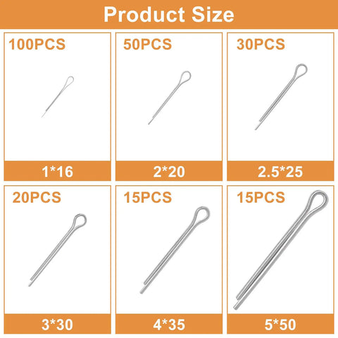 230 Piece Cotter Pin Set With Six Sizes Stainless Steel Hairpin Fasteners For Automotive Work Lawn Mowers And Small Engines M1x16 M2x20 M2.5x25 M3x30 M4x35 M5x50 displayed in size chart