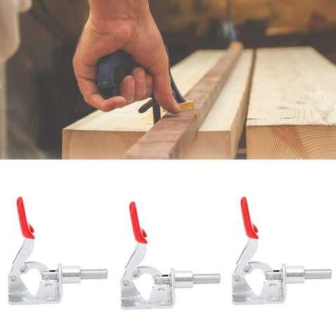 Grab And Go Quick Release Clamp Set For Woodworking Tables And Saw Benches, demonstrated in use and close-up view of clamps