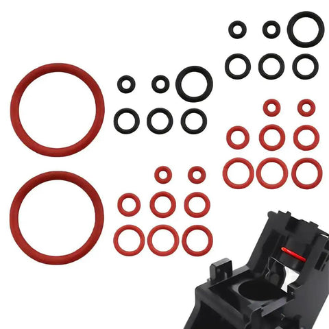 30 Piece Silicone O Ring Kit for Espresso Machines, DIY Repair Seal Set, red and black O rings, boiler outlet visible