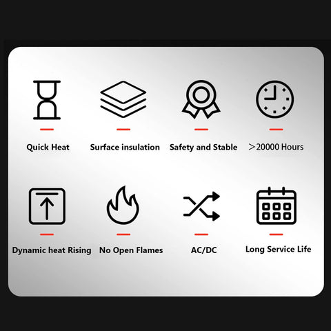 PTC heating element feature panel with eight icons: quick heat, surface insulation, safety and stable, >20000 hours, dynamic heat rising, no open flames, AC/DC, long service life