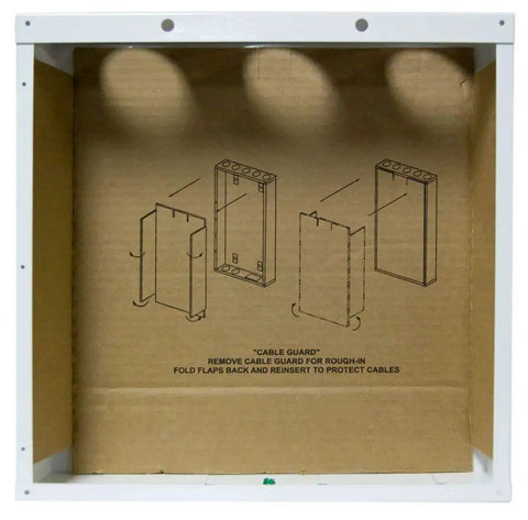 14 Inch In Wall Cable Management Media Box With 20 Gauge Steel Enclosure For Structured Wiring 2.5 Inch Wire Openings Glossy White Finish Slick Flanged Screw On Cover For Clean Drywall Look Includes Literature Pouch EN1400 showing front view of internal compartment and assembly instructions.