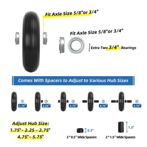 13.5 Inch Solid Flat Free Wheelbarrow Tire with axle sizes, spacers, and hub adjustments for wheelbarrows, wagons, garden carts.