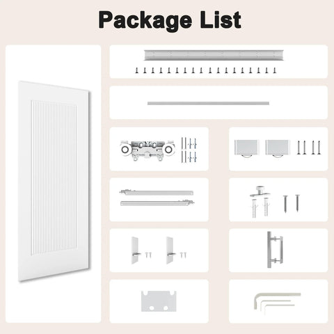 Package contents of 36x84 Concealed Barn Door With Soft Close Hardware Kit, 1 Panel Reeded White Primed Solid Core Hidden Door