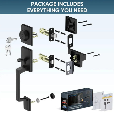 Heavy Duty Front Door Handle Set With Square Lever And Single Cylinder Deadbolt Reversible Matte Black Finish package contents