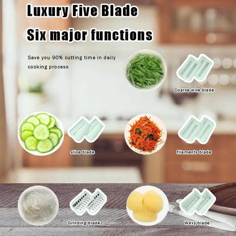 5 In 1 Gourmet Cheese Grater And Veggie Slicer, Carrot Shredder, Fruit Slicer, Potato Crinkle Cutter, Hand Crank Chopper, Pro Grade Multifunctional Salad Maker Green displayed with interchangeable blades and sliced vegetables.