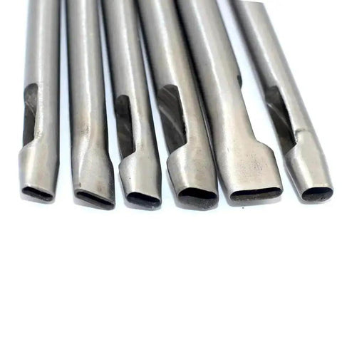 Six Size Leather Oval Hole Punch Set With Carbon Steel Punches for belts, straps, gaskets, showcasing various punch sizes and steel material.