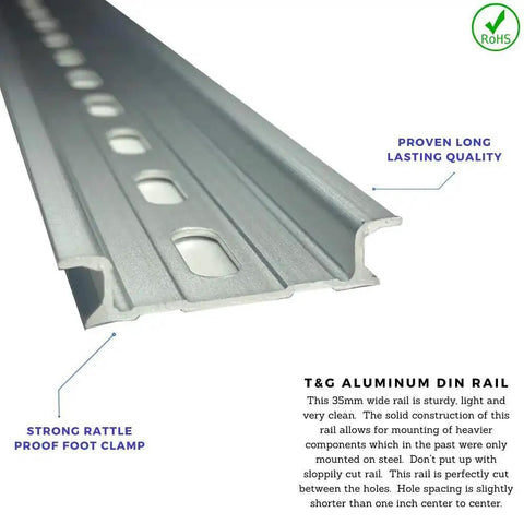 Three Piece Heavy Duty DIN Rail Slotted Aluminum RoHS Compliant Mounting Rail Kit, 12 Inch Length, 35mm Width, close-up view