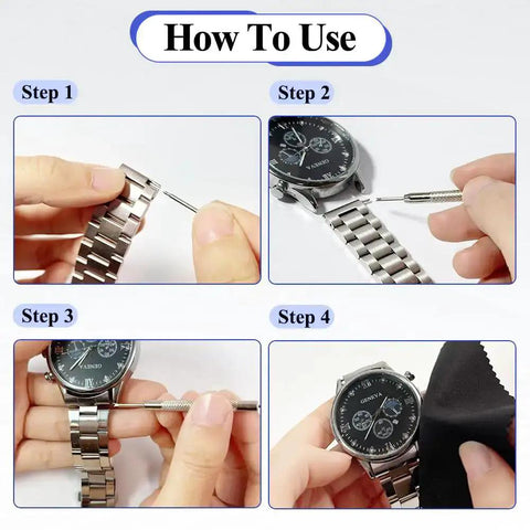 Step-by-step use of Heavy Duty Watch Band Pins Kit With 20 Spring Bars And Cleaning Cloth for strap replacement and cleaning