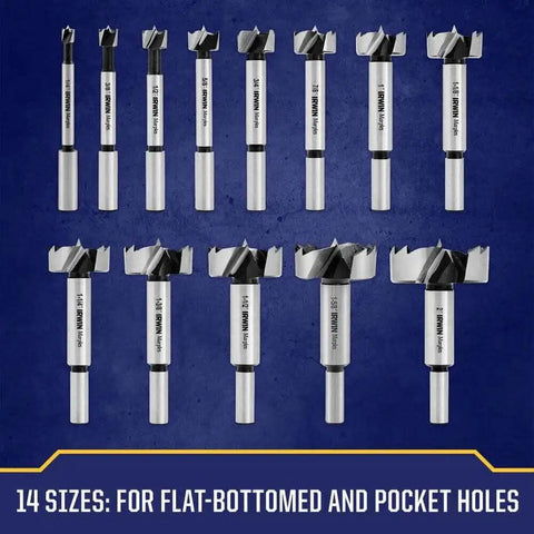 Forstner Bit Set 14 Pieces For Woodworking Carbon Steel By IRWIN Marples Pro Grade on blue background showing all bits