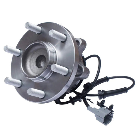 Front Wheel Bearing And Hub Assembly For RWD Nissan Frontier 2005-2018 Pathfinder 2005-2012 Xterra 2005-2015 Suzuki Equator 2009-2012 With ABS 6 Lug Replacement Drop-In OEM-Grade Ready-To-Go showing 6 lug bolts and wiring