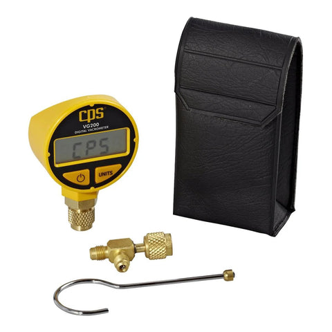 CPS VG200 digital vacrometer gauge with yellow housing, brass fittings, hose, T-fitting, and black padded case.