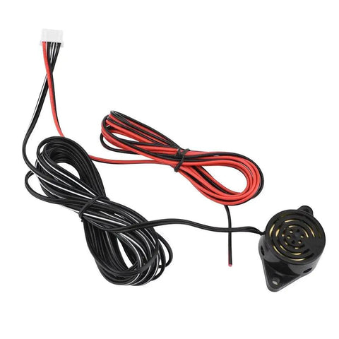 Universal car parking sensor kit with black round sensor and long red and black wires with white connector.