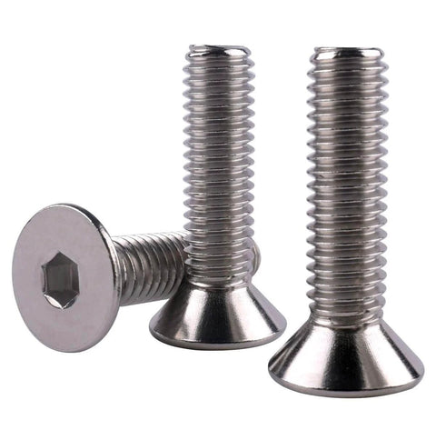Close-up of Stainless Steel 1/4-20 Flat Head Socket Cap Screws, 1-Inch Length, Full Thread, 304 18-8 Alloy, corrosion-resistant
