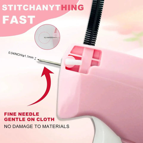 Close-up of pink handheld stitch gun with needle and safety tip for quick clothes repair, part of the Quick Sew On The Go sewing kit.