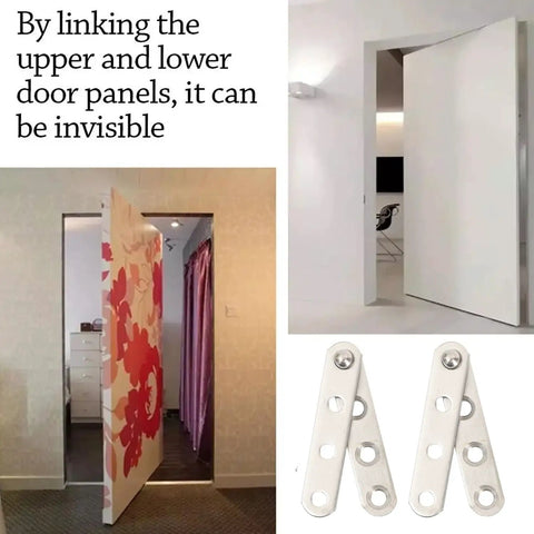 4 Piece Stainless Steel 360 Degree Concealed Door Hinges Set For Cabinets Drawers And Windows Built To Last Durable Corrosion Resistant Pivot Hinges For DIY Home Upgrades displayed with doors.