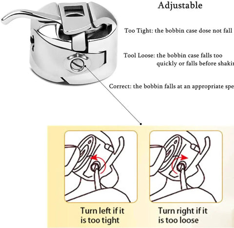 Metal front-loading sewing machine bobbin case with adjustable tension lever; silver finish and instructional diagram.