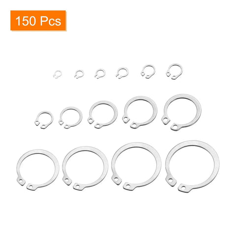 External Retaining Ring Set 150 Pcs In 15 Sizes 304 Stainless Steel Circlip Snap Rings Kit displayed in varying sizes.