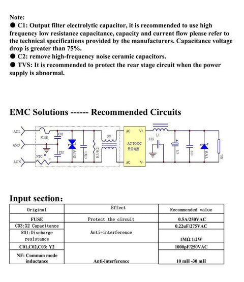 Schematic diagram of 2 Pack 220V AC To 24V DC Isolated Switching Power Supply Module Board for DIY projects, showing input and components.