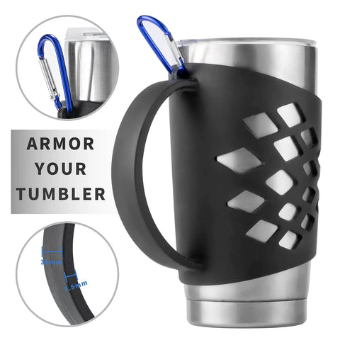 Durable Silicone Tumbler Sleeve With Handle For 20 Oz Cups No Slip Grip Insulated Protective Cover in black with carabiner