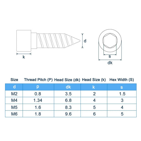 Diagram showing dimensions of M2x8mm Hex Socket Head Cap Screws Self Tapping Set 304 Stainless Steel Black Oxide Hex Drive 50 Pcs M2 Thread 0.8mm