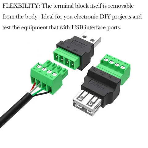 4 Pack USB 2.0 Type A Male Female To 4 Pin Screw Terminal Block Connector Adapters, Portable Pluggable Type Converter, Nickel Plated