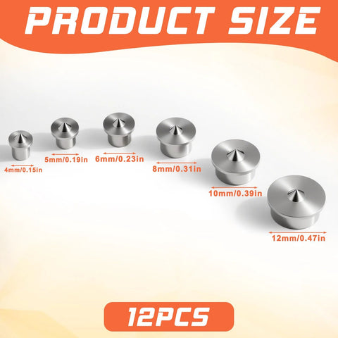 Solid Dowel Pin Centers Drill Hole Tool Set For Woodworking, 12 pcs transfer plugs size chart showing diameters 4-12mm