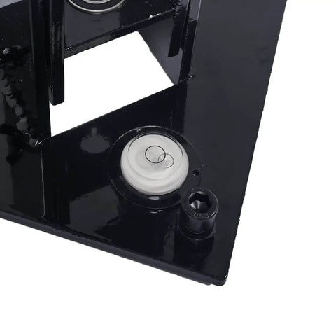 Close-up of Pool Fence Drill Guide with Bubble Level for No Guesswork Easy and Accurate Hole Drilling, black finish, showing bubble level