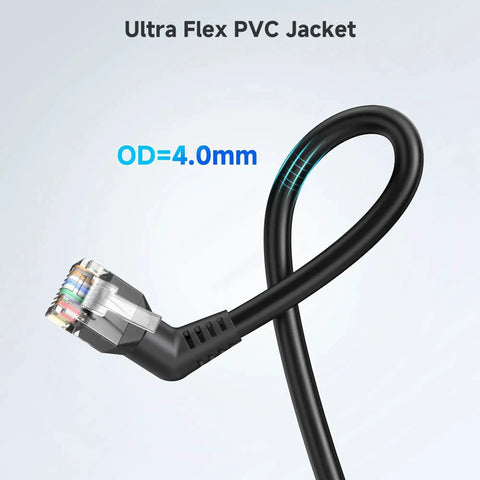 Close-up of 2-Pack 10Gbps Cat6 Ethernet Patch Cable Right Angle With 360-Degree Rotatable Connectors, 1ft Ultra-Flex PVC Jacket, Black