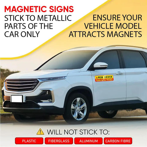 Extra Large Driver Sign For Car 3 Pack Magnetic Bumper Stickers Yellow Reflective Road Safety Sign For Learners And Beginner Drivers Fits Most Vehicles on side of a car.