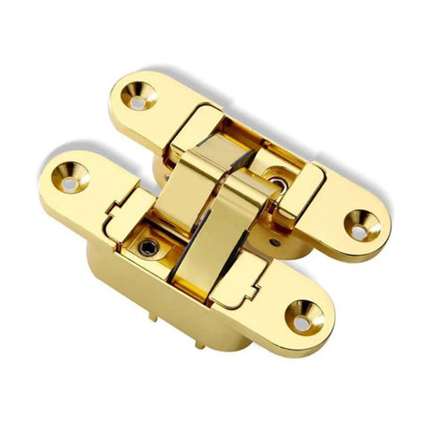 Three Dimensional Invisible Door Hinges For Wooden Doors That Fold And Hide With 180 Degree Inside And Outside Opening Hidden Hinges In Gold Finish Right Open By Youngran, gold finish, close-up view