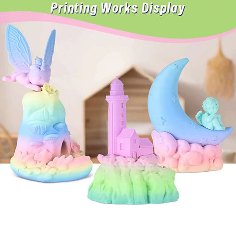 Matte Rainbow PLA Filament 1.75mm +/-0.03, showcasing 3D printed pastel sculptures with multicolor macaron spool finish.