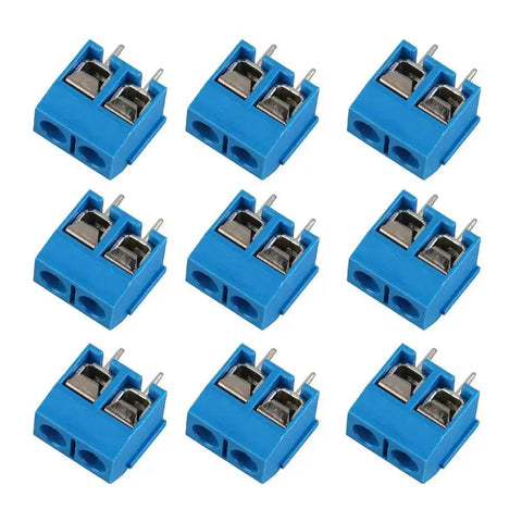 9 blue 2-pin screw terminal blocks, 5mm pitch for PCB Arduino projects. Part of 60 Pieces 5mm Pitch 2 Pin And 3 Pin PCB Mount Screw Terminal Block Connectors For Arduino Great For DIYers Includes 50 Two Pin And 10 Three Pin Blocks AC 300V 10A Wire Size 14 To 22 AWG Plug And Play set