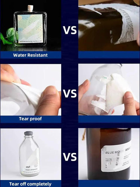 Comparison of vinyl sticker paper showing water-resistant, tear-proof, and removable features for inkjet and laser printers.