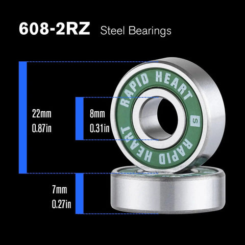 608 2RS Precision Steel Green Bearings dimensions for skateboards, inline skates. Ceramic P5 zirconia balls, non-contact rubber shields.