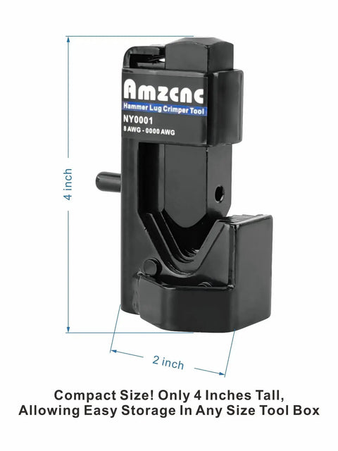 Heavy Duty Hammer Lug Crimper For 8 AWG To Four O Wire Gauge And 0000 Battery Cables, compact size with measurements.