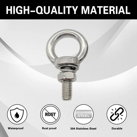 M10 Eye Bolts With Nuts Washers And Spring Washers Stainless Steel Shoulder Ring Threaded Eye Bolts 0.98 Inch Thread Length Lifting Hardware Pack Of 4 For Secure Hookups And Fixed Connections, shown with text highlighting high-quality material benefits like waterproof, rust proof, 304 stainless steel, and durability.