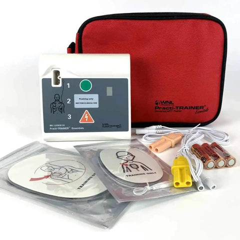 AED Defibrillator Practi Trainer Essentials Base Model Training Kit with reusable pads, batteries, connectors, and nylon carry case.