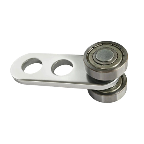 Two Wheel Silent Trolley Assembly With Deep Groove Ball Bearings For Strut Channel One And Five Eighths Inch Wide And Taller, Metal Close-up