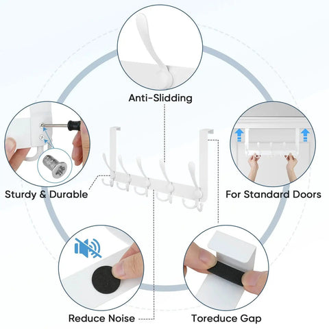 Over The Door Hooks 5 Pack Heavy Duty All Metal Hangers With 11 Lb Capacity showing installation features and anti-sliding hooks.