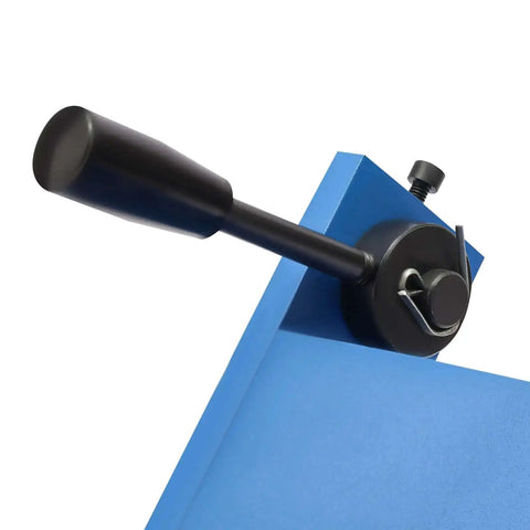 Close-up of handle on Heavy Duty 24 Inch Pan And Box Sheet Metal Brake With Removable Fingers for precise bends and DIY metalworking.