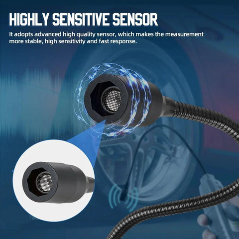 Close-up of ultrasonic leak detector probe with high sensitivity sensor and headphones near automotive wheel.