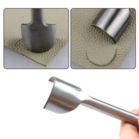 Close-up of steel cutter from 10 Piece Half Round Leather Punch Set for Strap Ends showing cuts on leather and punch detail.