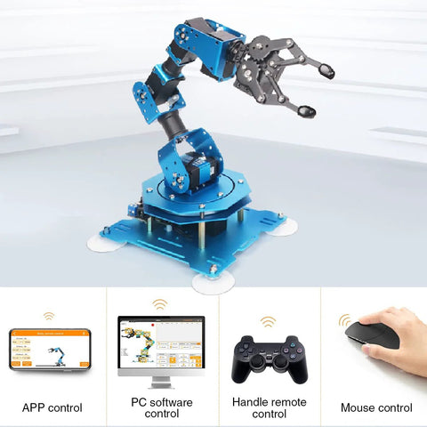 Robotic arm for Arduino coding, 6DOF blue metal arm on a base with wireless PC/app/mouse control