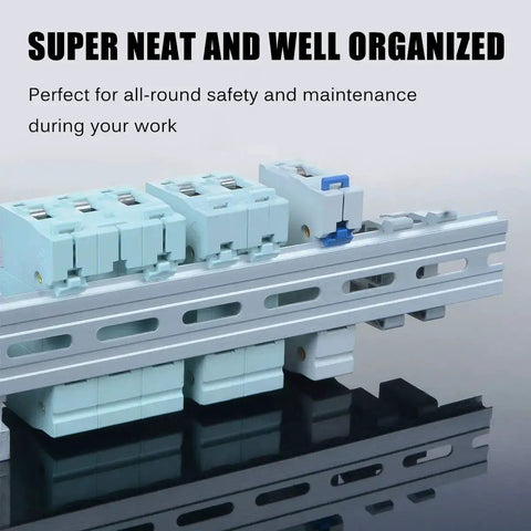 Aluminum DIN Rails 10 Pack, 1 Meter Each, Top Hat Slotted Design with electrical components installed; RoHS Compliant