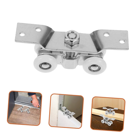2 Pack Stainless Steel Sliding Door Pulleys With Silent Nylon Rollers, Built Tough, Heavy Duty Track Wheels, mounted on wood surface