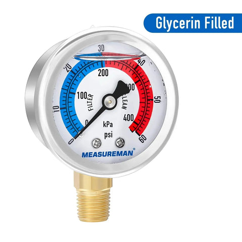 Glycerin Filled 2-Inch Dial Pool Filter Pressure Gauge with 304 Stainless Steel Case and Brass Wetted Parts, 0-60 Psi and 420 kPa.