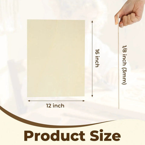 12 Pack Basswood Sheets 12 By 16 By One Eighth Inch For Laser Cutting And Engraving, 3mm Wood Blanks, size dimensions displayed