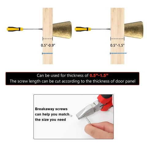 Illustration showing installation of 10 Pack Antique Brass Cabinet Knobs Round Vintage Drawer Pulls For Kitchen Cabinets Easy Install With Included 1 Inch And 1 3 4 Inch Screws highlighting screw lengths and breakaway screws.